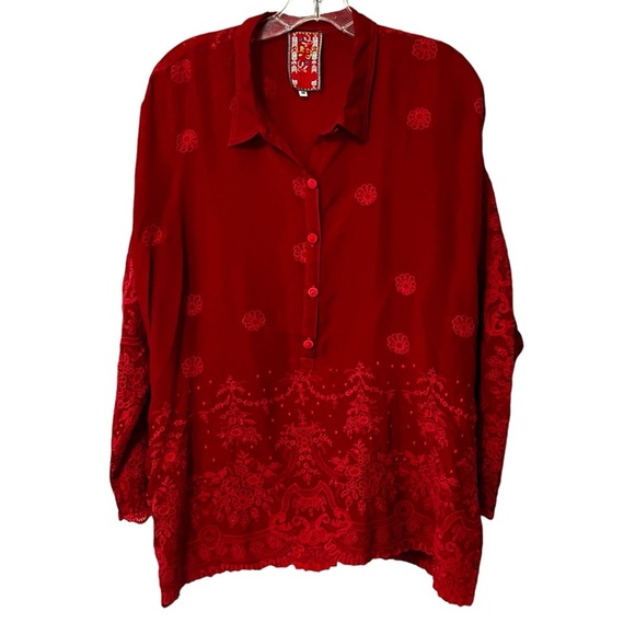 Johnny Was Antik Lace Collared Long Sleeve Blouse Red embroidered fairy whimsy M - Picture 6 of 16